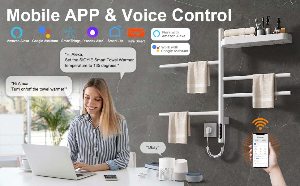 SIOYIE Smart Rotating Heated Towel Rack For Bathroom, Wall-Mounted Electric Towel Dryer With Swivel Bars & Shelf, Smart Timer, Low Carbon Steel, Plug-in/Hardwired, Towel Warmer With Wi-Fi App Control_voghion.com